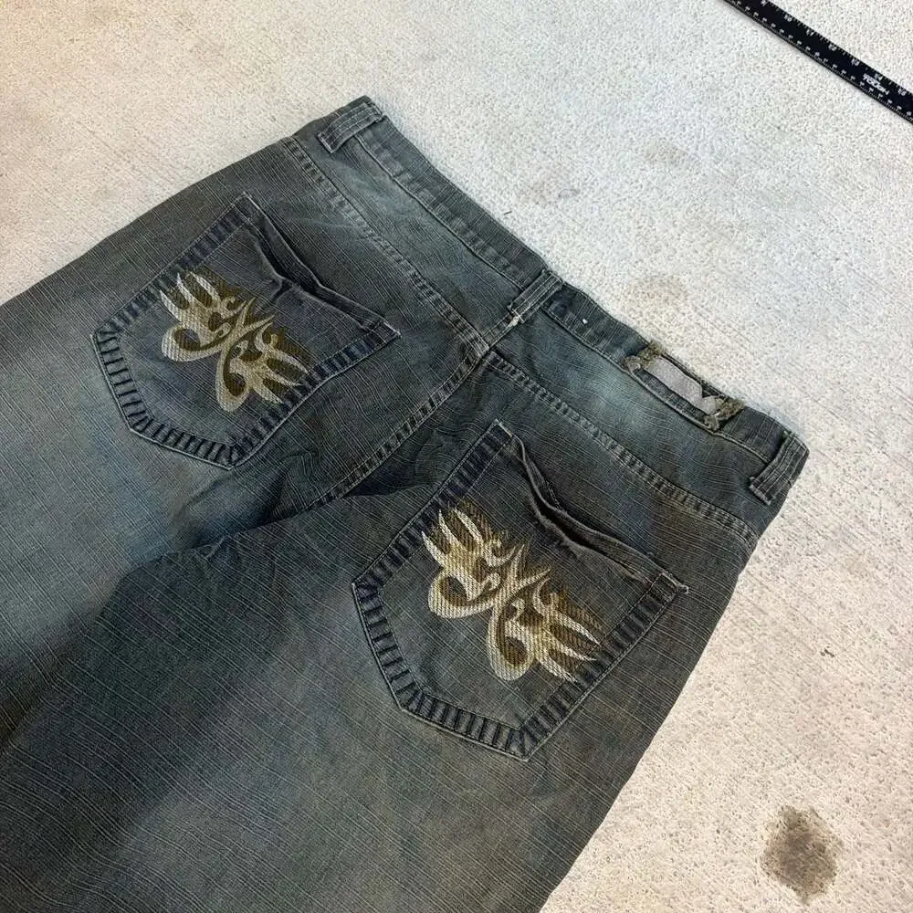 Indigo 30 Vintage Y2K Distressed Embroidered Baggy Denim Shorts Size 38